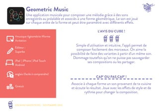 LES MINI SMOOTHIES - NOVEMBRE 2014 
L’AVIS DU CUBE ! 
CAP’ OU PAS CAP’ ! 
Geometric Music 
Une application musicale pour composer une mélodie grâce à des sons 
enregistrés au préalable et associés à une forme géométrique. Le son est joué 
sur chaque arête de la forme et peut être paramétré avec différents effets. 
Simple d’utilisation et intuitive, l’appli permet de 
composer facilement des morceaux. On aime la 
possibilité de faire des variantes à partir d’un même son. 
Dommage toutefois qu’on ne puisse pas sauvegarder 
ses compositions ou les partager. 
Associe à chaque forme un son provenant de ta cuisine 
et écoute le résultat. Joue avec les effets de style et de 
rythme pour changer la composition. 
#musique #géométrie #forme 
#création 
Editeur : 
Superbe 
iPad | iPhone | iPod Touch 
Android 
Gratuit 
anglais (facile à comprendre) 
 