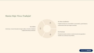 Maxixe Hoje: Viva a Tradição!
Em Salões
Ainda hoje, o maxixe é dançado em alguns salões, revivendo a tradição e
a alegria dessa dança centenária.
No Meio Acadêmico
É objeto de estudo em universidades e conservatórios, aprofundando o
conhecimento sobre suas origens e evolução.
Em Festivais
Presente em eventos culturais, o maxixe encanta novas gerações e
mantém viva a chama da nossa história.
 