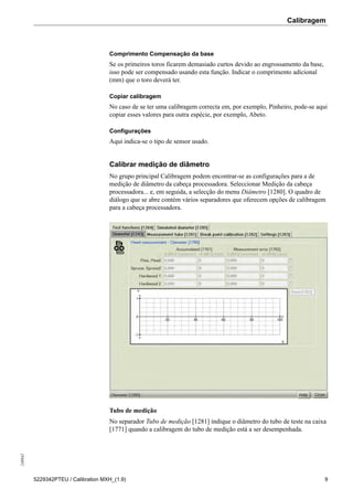 Calibragem248842
5229342PTEU / Calibration MXH_(1.9) 9
Comprimento Compensação da base
Se os primeiros toros ficarem demasiado curtos devido ao engrossamento da base,
isso pode ser compensado usando esta função. Indicar o comprimento adicional
(mm) que o toro deverá ter.
Copiar calibragem
No caso de se ter uma calibragem correcta em, por exemplo, Pinheiro, pode-se aqui
copiar esses valores para outra espécie, por exemplo, Abeto.
Configurações
Aqui indica-se o tipo de sensor usado.
Calibrar medição de diâmetro
No grupo principal Calibragem podem encontrar-se as configurações para a de
medição de diâmetro da cabeça processadora. Seleccionar Medição da cabeça
processadora... e, em seguida, a selecção do menu Diâmetro [1280]. O quadro de
diálogo que se abre contém vários separadores que oferecem opções de calibragem
para a cabeça processadora.
Tubo de medição
No separador Tubo de medição [1281] indique o diâmetro do tubo de teste na caixa
[1771] quando a calibragem do tubo de medição está a ser desempenhada.
 
