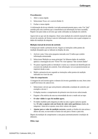 Calibragem248842
5229342PTEU / Calibration MXH_(1.9) 15
Procedimento:
1. Abrir o menu rápido
2. Seleccionar Tronco de controlo (botão 2)
3. Fechar o menu rápido
A informação da árvore abatida é enviada automaticamente para a suta. Um "pip"
emitido pela suta confirma que a transferência de informação foi bem sucedida.
Repetir isto para todas as árvores que serão utilizadas na medição de controlo.
Agora tem-se que sair da máquina e fazer uma medição de controlo manual de cada
árvore de controlo, de forma à suta ter informação correcta com a qual comparar os
dados de medição da máquina.
Medição manual de árvore de controlo
Começar por medir a primeira árvore. Seguir as instruções sobre pontos de
medição desejados que se indicam no display da suta.
1. Activar a suta. Uma caixa pequena marcada com X indica que contém
informação armazenada
2. Seleccionar Medição no menu principal. Se faltarem dados de medição
aparece a mensagem de erro “Error! No visor aparece "não existem dados”
3. No passo seguinte pode-se introduzir o nome ou o número de identificação do
executor da medição de controlo. Esta informação ver-se-á posteriormente ao
imprimir desde a suta.
4. Medir a primeira árvore segundo as instruções sobre pontos de medição
indicados no visor da suta
Valor de comprimento
A imagem de ecrã mostra agora o número de árvores guardadas na suta, bem como
o perfil do tronco de cada árvore.
• Seleccionar a árvore que será primeiro submetida a medição de controlo; por
exemplo a árvore 1
• O display mostra o comprimento do primeiro toro da árvore seleccionada
• Engatar a fita métrica da suta na extremidade da raiz e medir até ao topo
• O valor válido é o que foi medido agora.
• Os dados medidos pela máquina já estão na suta e agora é preciso ajustá-
los. O valor a ajustar está em frente do valor entre parênteses (dados da
máquina). Antes de se ajustar, esses dois valores são iguais
• Ajustar para o valor de medição correcto, usando os botões de seta acima e
abaixo da suta, ou movendo as hastes da suta para a frente e para trás.
Depois da medição de comprimento a suta passa automaticamente à medição de
diâmetro.
Diâm. topo
 