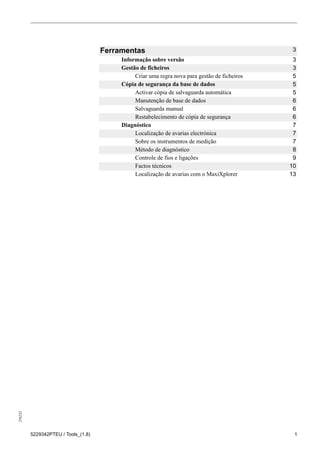 256232
5229342PTEU / Tools_(1.8) 1
Ferramentas 3
Informação sobre versão 3
Gestão de ficheiros 3
Criar uma regra nova para gestão de ficheiros 5
Cópia de segurança da base de dados 5
Activar cópia de salvaguarda automática 5
Manutenção de base de dados 6
Salvaguarda manual 6
Restabelecimento de cópia de segurança 6
Diagnóstico 7
Localização de avarias electrónica 7
Sobre os instrumentos de medição 7
Método de diagnóstico 8
Controle de fios e ligações 9
Factos técnicos 10
Localização de avarias com o MaxiXplorer 13
 