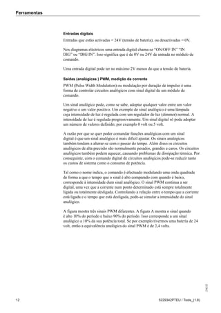 Ferramentas
256232
12 5229342PTEU / Tools_(1.8)
Entradas digitais
Entradas que estão activadas = 24V (tensão de bateria), ou desactivadas = 0V.
Nos diagramas eléctricos uma entrada digital chama-se “ON/OFF IN” “IN
DIG” ou “DIG IN”. Isso significa que é de 0V ou 24V de entrada no módulo de
comando.
Uma entrada digital pode ter no máximo 2V menos do que a tensão de bateria.
Saídas (analógicas ) PWM, medição da corrente
PWM (Pulse Width Modulation) ou modulação por duração de impulso é uma
forma de controlar circuitos analógicos com sinal digital de um módulo de
comando.
Um sinal analógico pode, como se sabe, adoptar qualquer valor entre um valor
negativo e um valor positivo. Um exemplo de sinal analógico é uma lâmpada
cuja intensidade de luz é regulada com um regulador de luz (dimmer) normal. A
intensidade de luz é regulada progressivamente. Um sinal digital só pode adoptar
um número de valores definido; por exemplo 0 volt ou 5 volt.
A razão por que se quer poder comandar funções analógicas com um sinal
digital é que um sinal analógico é mais difícil ajustar. Os sinais analógicos
também tendem a alterar-se com o passar do tempo. Além disso os circuitos
analógicos de alta precisão são normalmente pesados, grandes e caros. Os circuitos
analógicos também podem aquecer, causando problemas de dissipação térmica. Por
conseguinte, com o comando digital de circuitos analógicos pode-se reduzir tanto
os custos de sistema como o consumo de potência.
Tal como o nome indica, o comando é efectuado modulando uma onda quadrada
de forma a que o tempo que o sinal é alto comparado com quando é baixo,
corresponde à intensidade dum sinal analógico. O sinal PWM continua a ser
digital, uma vez que a corrente num ponto determinado está sempre totalmente
ligada ou totalmente desligada. Controlando a relação entre o tempo que a corrente
está ligada e o tempo que está desligada, pode-se simular a intensidade do sinal
analógico.
A figura mostra três sinais PWM diferentes. A figura A mostra o sinal quando
é alto 10% do período e baixo 90% do período. Isso corresponde a um sinal
analógico a 10% da sua potência total. Se por exemplo tivermos uma bateria de 24
volt, então a equivalência analógica do sinal PWM é de 2,4 volts.
 