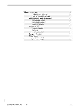255798
5229342PTEU / Menus MXH 3.0_(1.1) 1
Vistas e menus 3
Visualização de produção 3
Vista de monitor de operações 3
Componentes da janela de programa 5
Informação principal 5
Informação secundária 7
Indicadores de vista: 7
Exibição no ecrã 7
Grupos principais 8
Submenu 9
Quadro de diálogo 9
Navegar pelos menus 9
Menus rápidos 11
Activar menu rápido 11
Usar menus rápidos 12
 