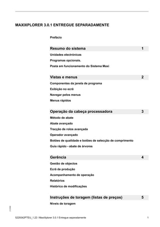 131986
5229342PTEU_1.22 / MaxiXplorer 3.0.1 Entregue separadamente 1
MAXIXPLORER 3.0.1 ENTREGUE SEPARADAMENTE
Prefácio
Resumo do sistema 1
Unidades electrónicas
Programas opcionais.
Posta em funcionamento do Sistema Maxi
Vistas e menus 2
Componentes da janela de programa
Exibição no ecrã
Navegar pelos menus
Menus rápidos
Operação da cabeça processadora 3
Método de abate
Abate avançado
Tracção de rolos avançada
Operador avançado
Botões de qualidade e botões de selecção de comprimento
Guia rápido - abate de árvores
Gerência 4
Gestão de objectos
Ecrã de produção
Acompanhamento de operação
Relatórios
Histórico de modificações
Instruções de toragem (listas de preços) 5
Níveis de toragem
 