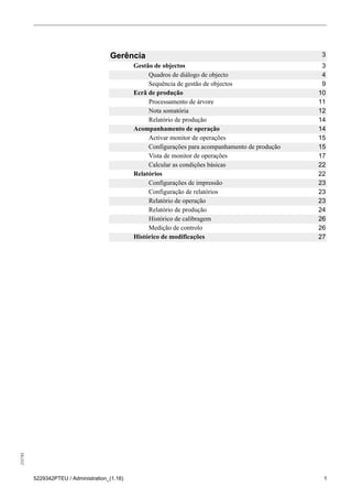 255783
5229342PTEU / Administration_(1.16) 1
Gerência 3
Gestão de objectos 3
Quadros de diálogo de objecto 4
Sequência de gestão de objectos 9
Ecrã de produção 10
Processamento de árvore 11
Nota somatória 12
Relatório de produção 14
Acompanhamento de operação 14
Activar monitor de operações 15
Configurações para acompanhamento de produção 15
Vista de monitor de operações 17
Calcular as condições básicas 22
Relatórios 22
Configurações de impressão 23
Configuração de relatórios 23
Relatório de operação 23
Relatório de produção 24
Histórico de calibragem 26
Medição de controlo 26
Histórico de modificações 27
 