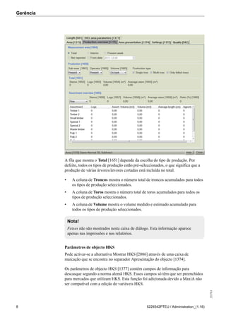 Gerência
255783
8 5229342PTEU / Administration_(1.16)
A fila que mostra o Total [1651] depende da escolha do tipo de produção. Por
defeito, todos os tipos de produção estão pré-seleccionados, o que significa que a
produção de várias árvores/árvores cortadas está incluída no total.
• A coluna de Troncos mostra o número total de troncos acumulados para todos
os tipos de produção seleccionados.
• A coluna de Toros mostra o número total de toros acumulados para todos os
tipos de produção seleccionados.
• A coluna de Volume mostra o volume medido e estimado acumulado para
todos os tipos de produção seleccionados.
Nota!
Feixes não são mostrados nesta caixa de diálogo. Esta informação aparece
apenas nas impressões e nos relatórios.
Parâmetros de objecto HKS
Pode activar-se a alternativa Mostrar HKS [2086] através de uma caixa de
marcação que se encontra no separador Apresentação do objecto [1374].
Os parâmetros de objecto HKS [1377] contêm campos de informação para
descasque segundo a norma alemã HKS. Esses campos só têm que ser preenchidos
para mercados que utilizam HKS. Esta função foi adicionada devido a MaxiA não
ser compatível com a edição de variáveis HKS.
 