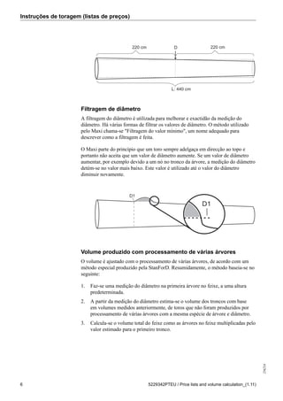 Instruções de toragem (listas de preços)
256234
6 5229342PTEU / Price lists and volume calculation_(1.11)
220 cm220 cm
L: 440 cm
D
Filtragem de diâmetro
A filtragem do diâmetro é utilizada para melhorar e exactidão da medição do
diâmetro. Há várias formas de filtrar os valores de diâmetro. O método utilizado
pelo Maxi chama-se "Filtragem do valor mínimo", um nome adequado para
descrever como a filtragem é feita.
O Maxi parte do princípio que um toro sempre adelgaça em direcção ao topo e
portanto não aceita que um valor de diâmetro aumente. Se um valor de diâmetro
aumentar, por exemplo devido a um nó no tronco da árvore, a medição do diâmetro
detém-se no valor mais baixo. Este valor é utilizado até o valor do diâmetro
diminuir novamente.
D1
D1
Volume produzido com processamento de várias árvores
O volume é ajustado com o processamento de várias árvores, de acordo com um
método especial produzido pela StanForD. Resumidamente, o método baseia-se no
seguinte:
1. Faz-se uma medição do diâmetro na primeira árvore no feixe, a uma altura
predeterminada.
2. A partir da medição do diâmetro estima-se o volume dos troncos com base
em volumes medidos anteriormente, de toros que não foram produzidos por
processamento de várias árvores com a mesma espécie de árvore e diâmetro.
3. Calcula-se o volume total do feixe como as árvores no feixe multiplicadas pelo
valor estimado para o primeiro tronco.
 