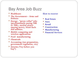 Bay Area Job Buzz Healthcare  The Government-- Arms and Defense Energy– “green collar” jobs (predominantly paying 50K to 70K), nuclear power (paying more), fossil fuels and utilities. Mobile computing and wireless applications Food  manufacturing Chemicals Accounting (tax preparation, government regulation, etc) Interim (“try before you buy”) Slow to recover Real Estate Auto Retail Construction Manufacturing Financial Services 