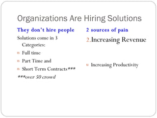 Organizations Are Hiring Solutions <ul><li>They don’t hire people </li></ul><ul><li>Solutions come in 3 Categories:  </li>...