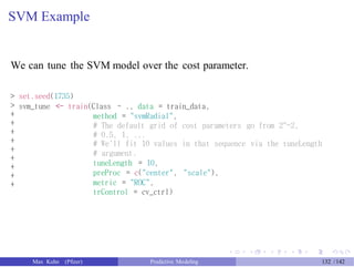 SVM Example
We can tune the SVM model over the cost parameter.
>
>
+
+
+
+
+
+
+
+
+
set.seed(1735)
svm_tune <- train(Class ~ ., data = train_data,
method = "svmRadial",
# The default grid of cost parameters go from 2^-2,
# 0.5, 1, ...
# We'll fit 10 values in that sequence via the tuneLength
# argument.
tuneLength = 10,
preProc = c("center", "scale"),
metric = "ROC",
trControl = cv_ctrl)
Max Kuhn (Pfizer) Predictive Modeling 132 /142
 