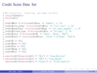 Credit Score Data Set
>
>
>
>
>
>
>
>
>
>
>
>
>
>
>
>
>
>
>
>
## translations, formatting, and dummy variables
library(Fahrmeir)
data(credit)
credit$Male <-ifelse(credit$Sexo == "hombre", 1, 0)
credit$Lives_Alone <-ifelse(credit$Estc == "vive solo", 1, 0)
credit$Good_Payer <-ifelse(credit$Ppag == "pre buen pagador", 1, 0)
credit$Private_Loan <-ifelse(credit$Uso == "privado", 1, 0)
credit$Class <-ifelse(credit$Y == "buen", "Good", "Bad")
credit$Class <- factor(credit$Class, levels = c("Good", "Bad"))
credit$Y <- NULL
credit$Sexo <- NULL
credit$Uso <- NULL
credit$Ppag <- NULL
credit$Estc <- NULL
names(credit)[names(credit) == "Mes"] <- "Loan_Duration"
names(credit)[names(credit) == "DM"] <- "Loan_Amount"
names(credit)[names(credit) == "Cuenta"] <- "Credit_Quality"
Max Kuhn (Pfizer) Predictive Modeling 17 /142
 