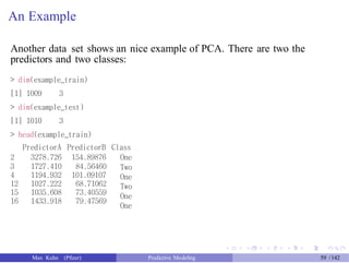 An Example
Another data set shows an nice example of PCA. There are two the
predictors and two classes:
> dim(example_train)
[1] 1009 3
> dim(example_test)
[1] 1010 3
> head(example_train)
PredictorA PredictorB Class
2
3
4
12
15
16
3278.726
1727.410
1194.932
1027.222
1035.608
1433.918
154.89876
84.56460
101.09107
68.71062
73.40559
79.47569
One
Two
One
Two
One
One
Max Kuhn (Pfizer) Predictive Modeling 59 /142
 