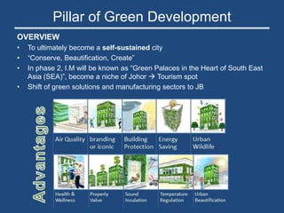 Pillar of Green Development
OVERVIEW
• To ultimately become a self-sustained city
• “Conserve, Beautification, Create”
• In phase 2, I.M will be known as “Green Palaces in the Heart of South East
Asia (SEA)”, become a niche of Johor  Tourism spot
• Shift of green solutions and manufacturing sectors to JB
 