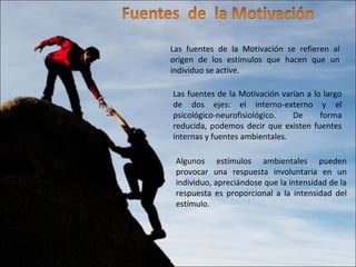 Las fuentes de la Motivación se refieren al
origen de los estímulos que hacen que un
individuo se active.
Las fuentes de la Motivación varían a lo largo
de dos ejes: el interno-externo y el
psicológico-neurofisiológico. De forma
reducida, podemos decir que existen fuentes
internas y fuentes ambientales.
Algunos estímulos ambientales pueden
provocar una respuesta involuntaria en un
individuo, apreciándose que la intensidad de la
respuesta es proporcional a la intensidad del
estímulo.
 