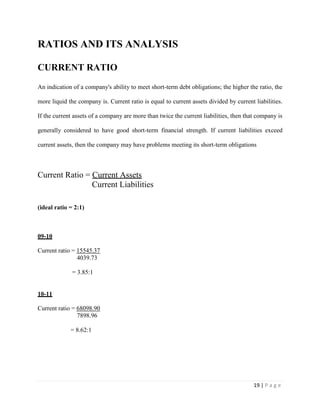 19 | P a g e
RATIOS AND ITS ANALYSIS
CURRENT RATIO
An indication of a company's ability to meet short-term debt obligations; the higher the ratio, the
more liquid the company is. Current ratio is equal to current assets divided by current liabilities.
If the current assets of a company are more than twice the current liabilities, then that company is
generally considered to have good short-term financial strength. If current liabilities exceed
current assets, then the company may have problems meeting its short-term obligations
Current Ratio = Current Assets
Current Liabilities
(ideal ratio = 2:1)
09-10
Current ratio = 15545.37
4039.73
= 3.85:1
10-11
Current ratio = 68098.90
7898.96
= 8.62:1
 