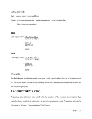 24 | P a g e
(ceiling limit=2:1)
Debt= secured loans + unsecured loans
Equity= preference share capital + equity share capital + reserves & surplus –
Miscellaneous expenditure.
09-10
Debt-equity ratio= 8201.75+52192.75
13868.7+215882.74
= 60394.5
229751.44
= 0.263:1
10-11
Debt-equity ratio= 10216.40+52192.75
15216.57+211858.83
= 62409.15
227075.40
= 0.275:1
ANALYSIS:
The Debt-Equity ratio has increased in the year 10-11 which is a bad sign but at the same time it
is a favourable aspect because every company should have trading done through debt as well and
not only through equity.
PROPRIETORY RATIO
Proprietary ratio refers to a ratio which helps the creditors of the company in seeing that their
capital or loans which the creditors have given to the company are safe. Proprietary ratio can be
calculated as follows – Proprietors funds/Total Assets.
 