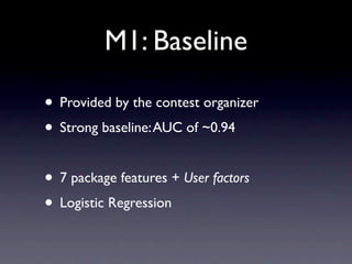 M1: Baseline

• Provided by the contest organizer
• Strong baseline: AUC of ~0.94

• 7 package features + User factors
• L...