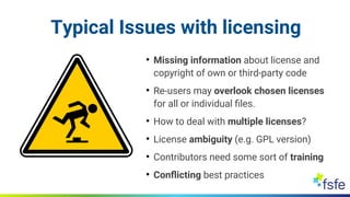 Typical Issues with licensing
●
Missing information about license and
copyright of own or third-party code
●
Re-users may ...