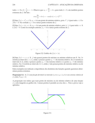218 CAPÍTULO 5. APLICAÇÕES DA DERIVADA
todo x ∈ R e f(−
π
2
) = −1. Observe que x0 =
3π
2
+ k π, para todo k ∈ Z, são também pontos
extremos de f. De fato :
sen(
3π
2
+ k π) = −cos(k π) = (−1)k+1
.
[2] Seja f(x) = x2, x ∈ R; x0 = 0 é um ponto de mínimo relativo, pois x2 ≥ 0 para todo x ∈ R e
f(0) = 0. Na verdade x0 = 0 é o único ponto extremo de f.
[3] Seja f(x) = |x|, x ∈ R; x0 = 0 é um ponto de mínimo relativo, pois |x| ≥ 0 para todo x ∈ R
e f(0) = 0. Como no exemplo anterior, x0 = 0 é o único ponto extremo de f.
3 2 1 1 2 3
1
2
3
Figura 5.2: Gráﬁco de f(x) = |x|.
[4] Seja f(x) = x, x ∈ R. f não possui pontos de máximo ou mínimo relativos em R. Se f é
restrita ao intervalo −1, 1 , então f possui o ponto x0 = 1 de máximo relativo. Se f é restrita ao
intervalo [0, 2], então f possui o ponto x0 = 2 de máximo relativo e o ponto x0 = 0 de mínimo
relativo. Se f é restrita ao intervalo (0, 1), então f não possui pontos de máximo relativo ou de
mínimo relativo.
Estes exemplos nos indicam a importância dos domínios das funções quando queremos deter-
minar pontos extremos.
Proposição 5.1. Se f é uma função derivável no intervalo (a, b) e x0 ∈ (a, b) é um extremo relativo de
f, então f′(x0) = 0.
A proposição nos indica que num ponto de máximo ou de mínimo relativo de uma função
f, a reta tangente ao gráﬁco de f nesses pontos é paralela ao eixo dos x. Para a prova veja o
apêndice.
Figura 5.3:
 