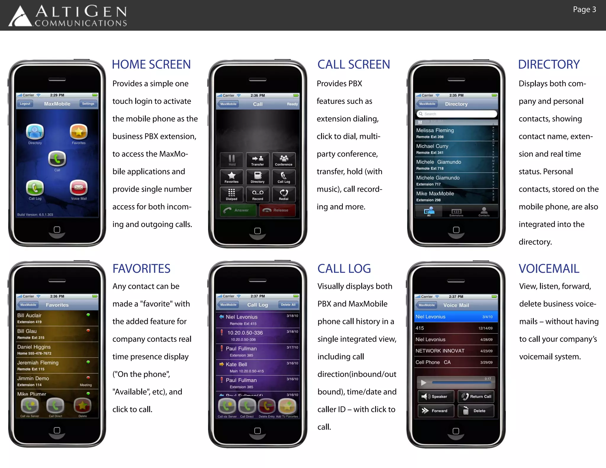Page 3




HOME SCREEN               CALL SCREEN                 DIRECTORY
Provides a simple one     Provides PBX                Displays both com-

touch login to activate   features such as            pany and personal

the mobile phone as the   extension dialing,          contacts, showing

business PBX extension,   click to dial, multi-       contact name, exten-

to access the MaxMo-      party conference,           sion and real time

bile applications and     transfer, hold (with        status. Personal

provide single number     music), call record-        contacts, stored on the

access for both incom-    ing and more.               mobile phone, are also

ing and outgoing calls.                               integrated into the

                                                      directory.


FAVORITES                 CALL LOG                    VOICEMAIL
Any contact can be        Visually displays both      View, listen, forward,

made a "favorite" with    PBX and MaxMobile           delete business voice-

the added feature for     phone call history in a     mails – without having

company contacts real     single integrated view,     to call your company’s

time presence display     including call              voicemail system.

("On the phone",          direction(inbound/out

"Available", etc), and    bound), time/date and

click to call.            caller ID – with click to

                          call.
 