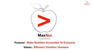 Nui
>
Max
FoodVentures
Purpose : Make Nutrition Accessible To Everyone
Values : Eﬃcient | Creative | Humane
 