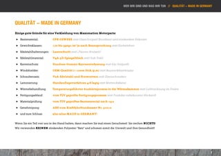 wer wir sind und was wir tun // Qualität - made in germany




Qualität - made in Germany
Einige gute Gründe für eine Verkleidung von Maxomation Motorparts:

 ]] Basismaterial:		         GFK-GEWEBE statt Glasschnipsel (Kurzfaser) und stinkendem Polyester

 ]] Gewichtsklassen:		       170 bis 390gr./m² je nach Beanspruchung statt Einheitsbrei

 ]] Edelstahlhalterungen:	   Laserschnitt statt „Plasma-Brutzeln“

 ]] Edelstahlmaterial:	      V4A-3D-Spiegelblech statt V2A-Tafel

 ]] Kantenschutz:		          Rundum-Gummi-Kanteneinfassung statt Alu-Teilprofil

 ]] Windshielder:		          OEM-Qualität (> 10000 Stck./p.m) statt Baumarktbastlerglas

 ]] Schraubensatz:		         V2A-Edelstahl und Hutmuttern statt Eisenschrauben

 ]] Laminierung:		           Handauflegeverfahren 4-8 lagig statt Mattenkleberei

 ]] Wärmebehandlung:	        Temperaturgeführter Aushärteprozess in der Wärmekammer statt Lufttrocknung im Freien

 ]] Fertigungsablauf:		      vom TÜV geprüfte Fertigungsprozesse statt Produkte unbekannter Herkunft

 ]] Materialprüfung:		       vom TÜV geprüftes Basismaterial nach 19.2

 ]] Genehmigung:		           ABE vom Kraftfahrtbundesamt Nr. 31012

 ]] und zum Schluss:		       also alles MADE in GERMANY!


Wenn Sie ein Teil von uns in der Hand halten, dann machen Sie mal einen Geruchstest! Sie riechen NICHTS!
Wir verwenden KEINEN stinkenden Polyester-“Batz“ und schonen somit die Umwelt und Ihre Gesundheit!!




                                                                                                                                         7
 