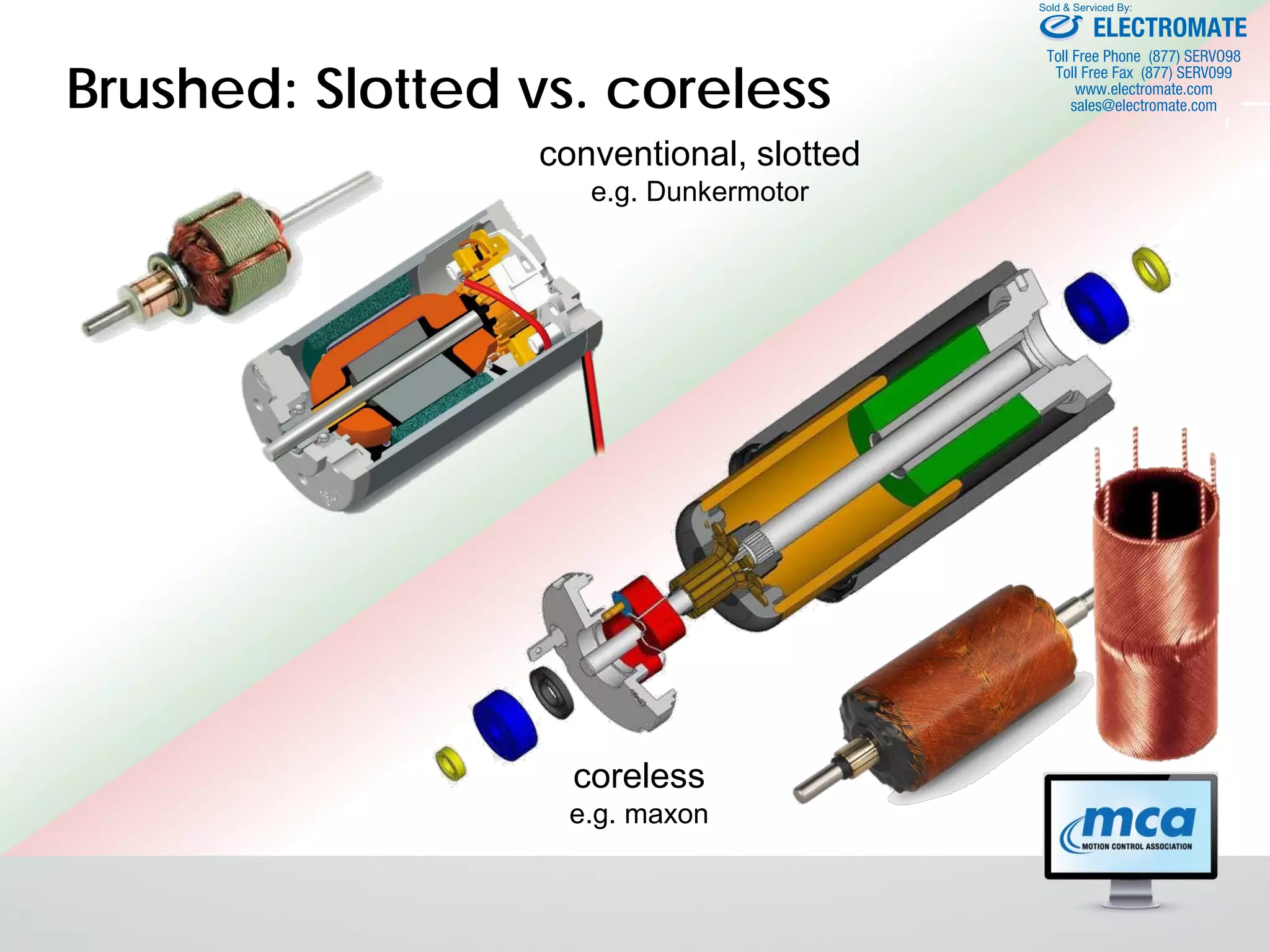 Brushed: Slotted vs. coreless
conventional, slotted
e.g. Dunkermotor
coreless
e.g. maxon
ELECTROMATE
Toll Free Phone (877) SERVO98
Toll Free Fax (877) SERV099
www.electromate.com
sales@electromate.com
Sold & Serviced By:
 