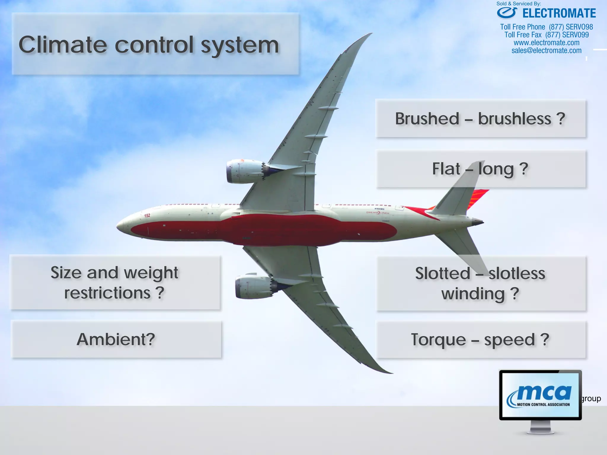 Climate control system
© maxon motor group
Brushed – brushless ?
Flat – long ?
Slotted – slotless
winding ?
Torque – speed ?
Size and weight
restrictions ?
Ambient?
ELECTROMATE
Toll Free Phone (877) SERVO98
Toll Free Fax (877) SERV099
www.electromate.com
sales@electromate.com
Sold & Serviced By:
 