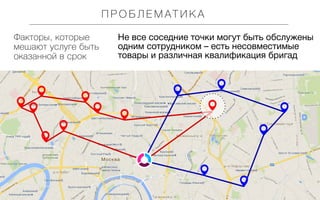 П Р О БЛ Е М АТ И К А
Факторы, которые
мешают услуге быть
оказанной в срок

Не все соседние точки могут быть обслужены
одним сотрудником – есть несовместимые
товары и различная квалификация бригад

 