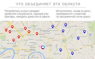 ЧТО ОБЪЕДИНЯЕТ ЭТИ ОБЛАСТИ
Потребитель услуги ожидает
прибытия специалиста, курьера или
бригады, находясь дома или в офисе.

Исполнители, начав из депо,
пробиваются к клиентам
по загруженной сетке дорог.

 