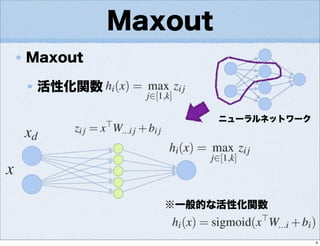 Maxout
活性化関数
Maxout
ニューラルネットワーク
※一般的な活性化関数
4
 