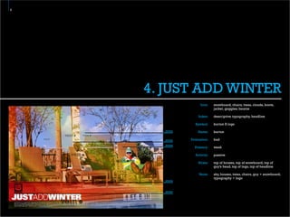 5




    4. JUST ADD WINTER
                     Icon:   snowboard, chairs, trees, clouds, boots,
                             jacket, goggles, beanie

                   Index:    descriptive typography, headline

                 Symbol:     burton B logo
      strata       Name:     burton

      strata   Evaluation:   bad
      strata
                 Potency:    weak

                 Activity:   passive

                   Strata:   top of houses, top of snowboard, top of
                             guy’s head, top of logo, top of headline

                   Veins:    sky, houses, trees, chairs, guy + snowboard,
                             typography + logo
      strata


      strata
 