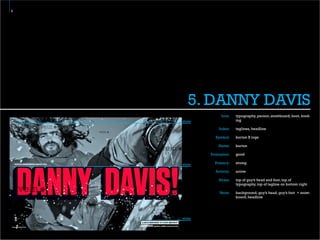 6




              5. DANNY DAVIS
                          Icon:   typography, person, snowboard, boot, bind-
           strata                 ing

                        Index:    taglines, headline

                      Symbol:     burton B logo

                        Name:     burton

                    Evaluation:   good

           strata     Potency:    strong

                      Activity:   active

                        Strata:   top of guy’s head and foot, top of
                                  typography, top of tagline on bottom right

                        Veins:    background, guy’s head, guy’s foot + snow-
                                  board, headline



    vein
           strata
 
