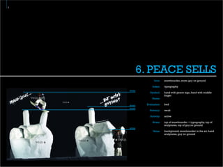 7




             6. PEACE SELLS
                    Icon:   snowboarder, snow, guy on ground

                  Index:    typography
    strata
                Symbol:     hand with peace sign, hand with middle
                            finger
                  Name:

    strata    Evaluation:   bad
    strata
                Potency:    weak

                Activity:   active

                  Strata:   top of snowboarder + typography, top of
                            sculptures, top of guy on ground
    strata
                  Veins:    background, snowboarder in the air, hand
                            sculptures, guy on ground
 