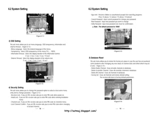 6.2 System Setting                                                                                         6.2 System Setting

                                                                                                            - Age Limit : Prevents children or unauthorized people from watching programs.
                                                                                                                          (Free / 8 above / 12 above / 15 above / 18 above)
                                                                                                            - Current Password : Input current password for change your password.
                                                                                                            - New Password : Input new password you want to change.
                                                                                                            - Verify Password : Input new password one more for confirmation.
                                                                                                                 Note : The default password is '0000'.




                                          <Figure 6-11>


3) OSD Setting
  This sub menu allows you to set menu language, OSD transparency, Information and
  volume timeout. <Figure 6-12>
  - Menu Language : Select the desired language of the menu.
  - Transparency : Select OSD transparency of the menu.(1% ~ 100%)                                                                              <Figure 6-13>
  - Information Timeout : Select the display duration of the information banner.
                          (1 sec / 2 sec / 3 sec / 5 sec / 10 sec)
  - Volume Timeout : Select the display duration of the volume box.                                        5) Database Reset
                      (1 sec / 2 sec / 3 sec / 5 sec / 10 sec)
                                                                                                            This sub menu allows you to restore the factory set values in case the user has encountered
                                                                                                            some problems after changing any new values of channel data and others which may be
                                                                                                            in error. <Figure 6-14>
                                                                                                            - Delete Radio Channel : Erase all radio channels in database.
                                                                                                            - Delete Scramble Channel : Erase all scramble channels in database.
                                                                                                            - Delete All Channel : Erase all channels in database.
                                                                                                            - Factory Set : Erase all channels and restore default setting.
                                                                                                                            The receiver will return to factory default parameters.


                                         <Figure 6-12>

4) Security Setting
  This sub menu allows you to change the password option to unlock or lock some menu
  entry and to change password. <Figure 6-13>
  - Receiver Lock : If you set ON, receiver asks you to enter PIN code when power on.
  - Install Lock : If you set ON, receiver asks you to enter PIN code when entering Installation
                   menu.
  - Channel Lock : If you set ON, receiver asks you to enter PIN code on channels menu.                                                         <Figure 6-14>
  - Lock Channel Confirm : If you set ON, receiver asks you to enter PIN code when changing
                                to locked channel.
                                                   18                                                                                                   19
                                                                                       http://satmaj.blogspot.com/
 