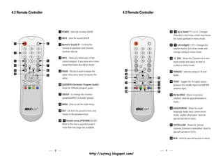 4.3 Remote Controller                                                                                                 4.3 Remote Controller




                                                               1 POWER : Turns the receiver On/Off.                                                                                  12 - 13 Up & Down(        /  ) : Changes
                                                                                                                                                                                                                 CH
                                                                                                                                                                                                                          CH




                                                                                                                                                                                          channels in non-menu mode and moves
                                                               2 MUTE : Turns the sound On/Off.                                                                                           the cursor up/down in menu mode.

  1                                                   2        3 Numeric Keys(0-9) : Controls the                                                                                    14 - 15 Left & Right(   / ) : Changes the
                                                                                                                                                                                                             V        V




                                                                  numerical operation and channel                                                                                         volume level in non-menu mode and
                                                                  numbers directly.                                                                                                       change setting in menu mode.
  3

           INFO                        PAUSE
                                                               4 INFO. : Shows the information of the                            INFO                        PAUSE                   16       (OK) : Shows the Channel List in non-
  4
           GUIDE                       GROUP
                                                      5           current program. If you press once more,                       GUIDE                       GROUP
                                                                                                                                                                                          menu mode and select an item or
  6                                                   7           detail information box will be shown.                                                                                   confirm in menu mode.
            MENU                        EXIT                                                                                      MENU                        EXIT

  8                                                   9        5 PAUSE : This key is used to pause the                 12
                           CH                                                                                                                    CH
                                                                                                                                                                                     17 TV/RADIO : Switches between TV and
 10                                                               video. Press once more to resume the                 16
                  VOL                  VOL
                                                      11                                                                                VOL                  VOL
                                                                                                                                                                                          Radio.
                                                                  video.                                               14                                                   15
       TV/RADIO                              TV/SAT                                                                          TV/RADIO                              TV/SAT
                           CH                                                                                                                    CH
                                                                                                                                                                            18       18 TV/SAT : Toggles the TV output source
                                                                                                                       17
            RECALL      AUDIO   TEXT
                                                               6 GUIDE(EPG:Electronic Program Guide) :                            RECALL      AUDIO   TEXT                  13            between the satellite input and UHF/VHF
                                                                  Show the TV/Radio program guide.                     19                                                   22            antenna input.
                                                                                                                       20                                                   21
                                                               7 GROUP : To change the channel                                                                                       19 RECALL(RED) : Moves to previous
                                                                  groups(Satellites or favorite groups).                                                                                  channel. Used for special function in
                                                                                                                                                                                          menu.
                                                               8 MENU : Enter or exit the main menu.
                                                                                                                                                                                     20 AUDIO(GREEN) : Shows the multi-
                                                               9 EXIT : Exit from the present menu and                                                                                    language audio track, stereo-mono
                                                                  moves to the previous menu.                                                                                             mode, subtitle information. Used for
                                                                                                                                                                                          special function in menu.
                                                               10 - 11 Double arrow UP/DOWN(      / ):
                                                                  Move to the next or previous page if                                                                               21 TEXT(YELLOW) : Shows the teletext
                                                                  more than one page are available.                                                                                       contents if teletext is transmitted. Used for
                                                                                                                                                                                          special function in menu.

                                                                                                                                                                                     22 BLUE : Used for special function in menu.




                                                           8                                                                                                                     9
                                                                                                  http://satmaj.blogspot.com/
 