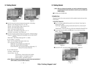 6.1 Getting Started                                                                                              6.1 Getting Started

                                                                                                                        Note : When you change each parameter, you need to understand environment
                                                                                                                               of connecting the receiver and antenna in order for you to set 22KHz and
                                                                                                                               DiSEqC properly.
                                                                                                                     After setting, press the EXIT button.


                                                                                                                 3) Satellite Scan
                                                                                                                   Through this function, the receiver searches for all the available channels and saves them
                                                                                                                   in the memory.
                  <Figure 6-2>                                     <Figure 6-3>
                                                                                                                     Auto Scan <Figure 6-4>
   Select item you want to edit and change each parameter.<Dish Setting>                                                Press / to select satellite which you want to scan. And select “Search type” or
                                                                                                                              V   V




   - LNB Power : Select LNB power (ON / OFF / 13V / 18V)                                                                “network Search” option.
   - LNB Type : Select your LNB Type. (Single / Universal / OCS)                                                        - Search Type : Determine searching channels (All channel/ Free channel only/ TV
                                                                                                                                        channel only)
    - LNB Freq : Select LNB oscillator frequency.
                                                                                                                        - Network Search : If you set to ON, you can find more transponders through NIT Scan.
    - 22KHz : Set the path of 0/22KHz switch box.
                                                                                                                        To scan more than one satellite, press RED button. You can select one or more
    - DiSEqC switch : Select DiSEqC box type (OFF / 1,0 / 1.1)
                                                                                                                        satellite. <Figure 6-5>
    - Committed / Uncommitted : Select DiSEqC port.
   Select item you want to edit and change each parameter.<Motorized Setting>
   - Frequency : If default TP frequency has any problem, you can select other TP
                 frequency.
   - DiSEqC Motor : Select DiSEqC Motor type (OFF / 1,2 / USALS)
    (In case of DiSEqC 1.2 selected)
    - Move : You can change the dish position to West / East.
    - Limit : If you want to set limit, press     .
              - Disable Limit : You can disable East and West Limit.
              - Goto Center : Move the dish to the 0 position.                                                                        <Figure 6-4>                                  <Figure 6-5>
              - Set East / West Limit : You can move the dish East or West using   V


                                                                                       / .
                                                                                        V




                                        Press the   to fix East or West limit.                                          If you press the    , the selected satellites will be scanned. <Figure 6-6>

    (In case of USALS selected)
    - Sat Degree : Satellite location.
    - Antenna Position : Press   .
                         - Goto Reference : Move the dish to the 0 position.
                         - Antenna Longitude : Your longitude at present.
                         - Antenna Latitude : Your latitude at present.
      Note : When you change each parameter, you need to know exact parameter of
             LNB to modify L.O.(local oscillator) frequency.
                                                                                                                                                             <Figure 6-6>
                                               12                                                                                                                13
                                                                                             http://satmaj.blogspot.com/
 