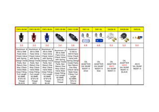 OWV-06-BK OWV-06-RD OWV-06-BL OWV-08-BK OWV-10-BK SW1-SI SW1-BL SW2B-SI SW2B-BK SW5-BL
3.0 3.0 3.0 3.4 3.8 4.8 4.8 5.0 5.0 9.0
Aluminium -6
AN to AN6
Flare Inline
Check Valve
with Spring
Design Inside
Parts, Non
Return One
Way Check
Valve Male
Hose Fitting,
Full Length
62.6MM,
9/16"x18
Thread
BLACK
Aluminium -6
AN to AN6
Flare Inline
Check Valve
with Spring
Design Inside
Parts, Non
Return One
Way Check
Valve Male
Hose Fitting,
Full Length
62.6MM,
9/16"x18
Thread
RED
Aluminium -6
AN to AN6
Flare Inline
Check Valve
with Spring
Design Inside
Parts, Non
Return One
Way Check
Valve Male
Hose Fitting,
Full Length
62.6MM,
9/16"x18
Thread
BLUE
Aluminium -8
AN to AN8
Flare Inline
Check Valve
with Spring
Design Inside
Parts, Non
Return One
Way Check
Valve Male
Hose Fitting,
Full Length
62.6MM,
3/4"x16
Thread
Aluminium -
10 AN to
AN10 Flare
Inline Check
Valve with
Spring Design
Inside Parts,
Non Return
One Way
Check Valve
Male Hose
Fitting, Full
Length
62.6MM,
7/8"x14
Thread
OIL
ADAPTER
3/4-16UNF
M20X1.5
silver
OIL
ADAPTER
3/4-16UNF
M20X1.5
blue
OIL
ADAPTER
AN10
3/4-16UNF
M20X1.5
OIL
ADAPTER
AN10
3/4-16UNF
M20X1.5
BLACK
AN10
3/4-16UNF
M20X1.5
 
