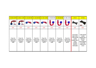 10-090-08-RD 10-090-10-RD 10-120-06-RD 10-120-08-RD 10-120-10-RD 10-180-06-RD 10-180-08-RD 10-180-10-RD GT-01 GT-02
2.4 2.9 2.0 2.4 2.9 2.3 3.3 3.8 3.5 6.0
Push On
Hose Ends
90degree
AN8
Push On
Hose Ends
90degree
AN10
Push On
Hose Ends
120degree
AN6
Push On
Hose Ends
120degree
AN8
Push On
Hose Ends
120degree
AN10
Push On
Hose Ends
180 degree
AN6
Push On
Hose Ends
180 degree
AN8
Push On
Hose Ends
180 degree
AN10
B16 B18C
B20 VTEC
CAM GEAR
LOCK
TIMING BELT
TOOL
HONDA
CIVIC &
INTEGRA
CAM GEAR
LOCK
TIMING BELT
INSTALL
TOOL
MITSUBISHI
ECLIPSE
DSM 4G76
EVO
 