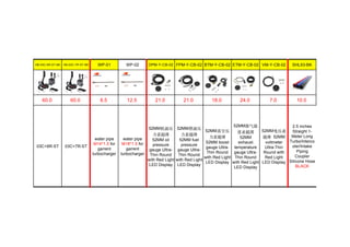 HB-03C-6R-ST-BK HB-03C-7R-ST-BK WP-01 WP-02 OPM-Y-CB-02 FPM-Y-CB-02 BTM-Y-CB-02 ETM-Y-CB-02 VM-Y-CB-02 SHL63-BK
60.0 60.0 8.5 12.5 21.0 21.0 18.0 24.0 7.0 10.0
03C+6R-ST 03C+7R-ST
water pipe
M14*1.5 for
garrent
turbocharger
water pipe
M18*1.5 for
garrent
turbocharger
52MM机油压
力表超薄
52MM oil
pressure
gauge Ultra-
Thin Round
with Red Light
LED Display
52MM燃油压
力表超薄
52MM fuel
pressure
gauge Ultra-
Thin Round
with Red Light
LED Display
52MM真空压
力表超薄
52MM boost
gauge Ultra-
Thin Round
with Red Light
LED Display
52MM排气温
度表超薄
52MM
exhaust
temperature
gauge Ultra-
Thin Round
with Red Light
LED Display
52MM电压表
超薄 52MM
voltmeter
Ultra-Thin
Round with
Red Light
LED Display
2.5 inches
Straight 1-
Meter Long
Turbo/Interco
oler/Intake
Piping
Coupler
Silicone Hose
BLACK
 