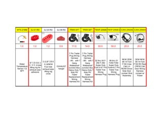 WTS-21MM DJ-01-RD DJ-03-RD DJ-08-RD TRWH-4FT TRWH-8FT TWHP-20N99 TWHP-20N99-2 DJWA-20N258 DJWA-20N645
1.0 1.0 1.2 0.9 11.0 14.0 50.0 50.0 20.0 20.0
Water
Temperature
Sensor 1/2
NPT
排气管吊胶 2
孔 吊耳 2-hole
lifting lug for
exhaust pipe
adhesive
五孔排气管吊
耳 圆NEW
Five hole
exhaust pipe
lifting lug
circle
EXHAUST
hanger
7 Pin Trailer
Plug Wiring
Harness
（4ft） with 7
Gang
Waterproof
Junction Box,
Heavy Duty 7
Way RV
Trailer
Replacement
Wiring
Harness Kit
7 Pin Trailer
Plug Wiring
Harness
（8ft） with 7
Gang
Waterproof
Junction Box,
Heavy Duty 7
Way RV
Trailer
Replacement
Wiring
Harness Kit
02 thru 04 F-
250 F-350
Super Duty
Ford 4 & 7 Pin
Trailer Tow
Wiring
Harness Plug
99 thru 01
F250 F350
Super Duty
Ford4 & 7 Pin
Trailer Tow
Wiring
Harness Plug
NEW OEM
09-14 Ford
F150 Crew
Cab LH
REAR Driver
Side Door
Jumper Wire
Assembly
OEM NEW
09-14 Ford
F150 RH Rear
CREW Cab
Door Wiring
Harness
Jumper w/
Power
 