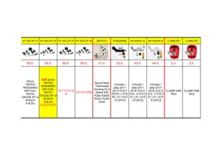 HF-52D-AF-01 HF-52D-AF-02 HF-52D-AF-03 HF-52D-AF-04 SNTH-01 5184294AE 68105583AF-AL 68310865AB-AL C-AN6-RD C-AN8-RD
80.0 95.0 80.0 95.0 21.0 32.0 44.0 44.0 2.3 2.5
52mm
TINTED
WIDEBAND
AIR FUEL
RATIO
GAUGE KIT w
BOSCH
4.9LSU
热销 52mm
TINTED
WIDEBAND
AIR FUEL
RATIO
GAUGE KIT w
BOSCH
4.9LSU
LED带传感器
指针不带传感
器
指针带传感器
Swivel Neck
Thermostat
Housing for K
Series K20
K20a K20a2
K20z1 K24A
K24Z
Chrysler /
Jeep 2011-
2013 机滤壳
塑料底 自带垫
圈与进气歧管
垫12PCS
Chrysler /
Jeep 2011-
2016 机滤壳
铝底 自带密封
垫与进气歧管
垫12PCS
Chrysler /
Jeep 2017-
2018 机滤壳
铝底 自带密封
垫与进气歧管
垫12PCS
CLAMP AN6
RED
CLAMP AN8
RED
 