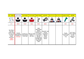 DXF-12MM-SI PAT-01-BK PAT-02-BK PAT-02-RD 9802776880 20910871 WLD-76-101-L WLD-76-101-R 23250-21020 IWP006
1.1 25.0 14.0 14.0 16.0 20.0 6.0 6.0
Non Return
One Way
Check Valve
for Fuel Line
Oil Petrol
Diesel
Aluminium
12MM-
1/2INCH
BLACK
Tesla MODEL
S,MODEL X
with 4pcs
BLACK for
Tesla MODEL
3 with 4pcs
RED for Tesla
MODEL 3
with 4pcs
OEM
9802776880
AdBlue
Injector Suit
For Citroen
C3 C4 DS3
DS4 DS5
Berlingo
Peugeot 208
301 308 508
2008 3008
5008
20910871 GM
Original
Equipment
Steering
Wheel
Position
Sensor
Toyota:
Prius/Echo/Sc
ion xA-xB
1.5L
FIAT: Brava
(HGT), Marea
1.8 16V
(gasolina)
todos
 