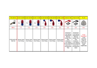 WG-006-SI 40-001-06-RD 40-001-08-RD 40-001-10-RD 40-045-08-RD 40-090-08-RD 40-090-10-RD LPUK-01-RD LPUK-01-BK PL-01
68.0 1.7 1.9 2.0 2.8 2.8 3.2 3.5 3.5 5.5
FOR AUDI S2
RS2 S4
Swivel Hose
End Fitting
Swivel Hose
End Fitting
Swivel Hose
End Fitting
Swivel Hose
End Fitting
Swivel Hose
End Fitting
Swivel Hose
End Fitting
Aluminium
Car Styling
Adjustment
Steering
Wheel Turn
Rod
Extension
Turn Signal
Lever Position
Up Kit Car
Accessories
Red
Aluminium
Car Styling
Adjustment
Steering
Wheel Turn
Rod
Extension
Turn Signal
Lever Position
Up Kit Car
Accessories
black
Forge
Motorsport
Turbo
Blanking
Plate for
Volvo and
Renault
code:
FMBPVRM
 