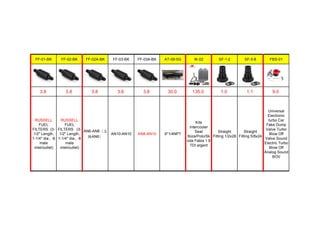 FF-01-BK FF-02-BK FF-02A-BK FF-03-BK FF-03A-BK AT-09-5G IK-02 SF-1-2 SF-5-8 FBS-01
3.8 3.8 3.8 3.8 3.8 30.0 135.0 1.0 1.1 9.0
RUSSELL
FUEL
FILTERS (3-
1/2" Length,
1-1/4" dia., -6
male
inlet/outlet)
RUSSELL
FUEL
FILTERS (3-
1/2" Length,
1-1/4" dia., -8
male
inlet/outlet)
AN6-AN8（主
体AN6）
AN10-AN10 AN8-AN10 9*1/4NPT
Kits
Intercooler
Seat
Ibiza/Polo/Sk
oda Fabia 1.9
TDI argent
Straight
Fitting 1/2x28
Straight
Fitting 5/8x24
Universal
Electronic
turbo Car
Fake Dump
Valve Turbo
Blow Off
Valve Sound
Electric Turbo
Blow Off
Analog Sound
BOV
 