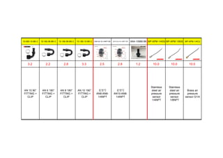 10-090-10-BK-C 10-180-06-BK-C 10-180-08-BK-C 10-180-10-BK-C AN8-3/4-16-1/4NPT-BK AN10-3/4-16-1/4NPT-BK AN4-10MM-BK MP-APM-1/4SS MP-APM-1/8SS MP-APM-1/4CU
3.2 2.2 2.8 3.3 2.5 2.8 1.2 10.0 10.0 10.0
AN 10 90°
FITTING +
CLIP
AN 6 180°
FITTING +
CLIP
AN 8 180°
FITTING +
CLIP
AN 10 180°
FITTING +
CLIP
老型号
AN8-AN8-
1/4NPT
老型号
AN10-AN8-
1/4NPT
Stainless
steel air
pressure
sensor
1/4NPT
Stainless
steel air
pressure
sensor
1/8NPT
Brass air
pressure
sensor G1/4
 
