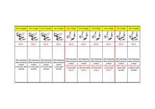 PP-YY225R PP-YY25R PP-YY275R PP-YY30R PP-YT20S PP-YT225S PP-YT25S PP-YT30S PP-YT20R PP-YT225R
40.0 40.0 40.0 40.0 42.0 42.0 42.0 42.0 45.0 45.0
304 stainless
steel exhaust
cutout
2.25 inch with
remote
304 stainless
steel exhaust
cutout
2.5 inch with
remote
304 stainless
steel exhaust
cutout
2.75 inch with
remote
304 stainless
steel exhaust
cutout
3 inch with
remote
304 stainless
steel exhaust
cutout
TWO VALVE
2 inch with
switch
304 stainless
steel exhaust
cutout
TWO VALVE
2.25 inch with
switch
304 stainless
steel exhaust
cutout
TWO VALVE
2.5 inch with
switch
304 stainless
steel exhaust
cutout
TWO VALVE
3 inch with
switch
304 stainless
steel exhaust
cutout
TWO VALVE
2inch with
remote
304 stainless
steel exhaust
cutout
TWO VALVE
2.25inch with
remote
 