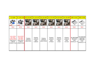 EC-D20R EC-D25R-OBD ZVC-20-UNIT ZVC-236-UNIT ZVC-25-UNIT ZVC-275-UNIT ZVC-30-UNIT ZVC-35-UNIT QR01-01001 QR01-01002
76.0 97.0 16.0 16.0 16.0 16.0 16.0 22.0 19.0 19.0
one control
two valve
without OBD
have 2inch
2.36inch
2.5inch 3 inch
one control
two valve
with OBD
have 2inch
2.36inch
2.5inch 3 inch
Positive
pressure
valve 2inch
Positive
pressure
valve
2.36inch
Positive
pressure
valve 2.5inch
Positive
pressure
valve
2.75inch
Positive
pressure
valve
3 inch
Positive
pressure
valve
3.5 inch
OE:96473698
96415423
FOR
EXCELLE 1.6
OE:92062396
90501942
90501944
FOR
EXCELLE 1.8
 
