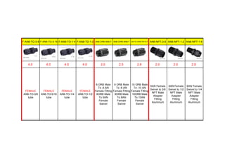 F-AN6-TO-3-8 F-AN6-TO-5-16 F-AN6-TO-1-4 F-AN6-TO-1-2 AN6-ORB-AN6-F AN8-ORB-AN8-F AN10-ORB-AN10-F AN6-NPT-3-8 AN6-NPT-1-2 AN6-NPT-1-4
4.0 4.0 4.0 4.0 2.0 2.5 2.8 2.0 2.0 2.0
FEMALE
AN6-TO-3/8
tube
FEMALE
AN6-TO-5/16
tube
FEMALE
AN6-TO-1/4
tube
FEMALE
AN6-TO-1/2
tube
6 ORB Male
To -6 AN
Female Fitting
6ORB Male
To 6AN
Female
Swivel
8 ORB Male
To -8 AN
Female Fitting
8ORB Male
To 8AN
Female
Swivel
10 ORB Male
To -10 AN
Female Fitting
10ORB Male
To 10AN
Female
Swivel
6AN Female
Swivel to 3/8
NPT Male
Adapter
Fitting
Aluminum
6AN Female
Swivel to 1/2
NPT Male
Adapter
Fitting
Aluminum
6AN Female
Swivel to 1/4
NPT Male
Adapter
Fitting
Aluminum
 