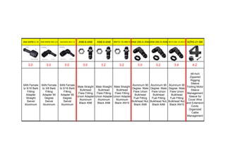 AN6-BARB-5-16 AN6-BARB-090-3-8 AN6-BARB-090-5-16 AN6-6-AN6 AN8-8-AN8 AN10-10-AN10 AN6-090-6-AN6 AN8-090-8-AN8 AN10-090-10-AN10 BZRS-01-BK
3.0 3.0 3.0 3.0 3.2 3.2 3.0 3.2 3.4 4.2
6AN Female
to 5/16 Barb
Fitting
Adapter
Straight
Swivel
Aluminum
6AN Female
to 3/8 Barb
Fitting
Adapter 90
Degree
Swivel
Aluminum
6AN Female
to 5/16 Barb
Fitting
Adapter 90
Degree
Swivel
Aluminum
Male Straight
Bulkhead
Flare Fitting
Union Adapter
Aluminum
Black AN6
Male Straight
Bulkhead
Flare Fitting
Union Adapter
Aluminum
Black AN8
Male Straight
Bulkhead
Flare Fitting
Union Adapter
Aluminum
Black AN10
Aluminum 90
Degree Male
Flare Union
Bulkhead
Fuel Fitting
Bulkhead Nut,
Black AN6
Aluminum 90
Degree Male
Flare Union
Bulkhead
Fuel Fitting
Bulkhead Nut,
Black AN8
Aluminum 90
Degree Male
Flare Union
Bulkhead
Fuel Fitting
Bulkhead Nut,
Black AN10
48-Inch
Zippered
Rigging
Sleeve
Trolling Motor
Sleeve
Management
Sleeve for
Cover Wire
and Extension
Cords,
Organized
Cable
Management
 